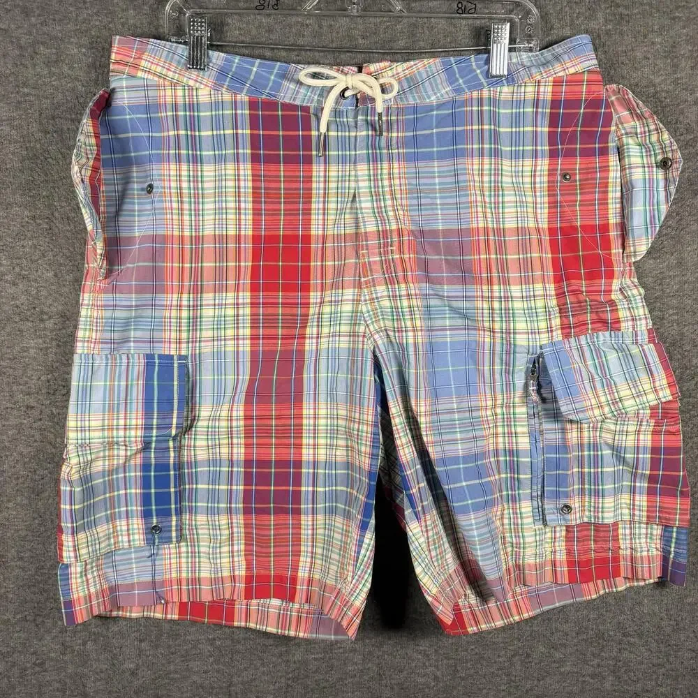 Polo Ralph Lauren Mens 36 Madras Plaid Cargo Board Shorts Swim Trunks Y2K Resort